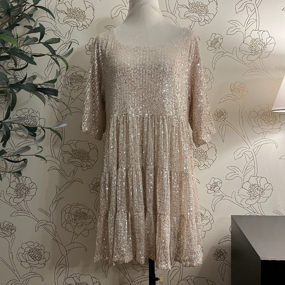 Sequin Babydoll Mini Dress Party Bridal Cocktail Champagne Color XL